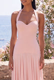Pink Halter A Line Long Bridesmaid Dress