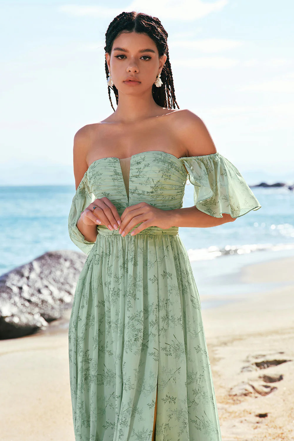 Dusty Sage A Line Off The Shoulder Pleated Long Floral Bridesmaid Dress with Slit