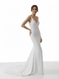 Mermaid Deep V Neck Backless White Wedding Dress