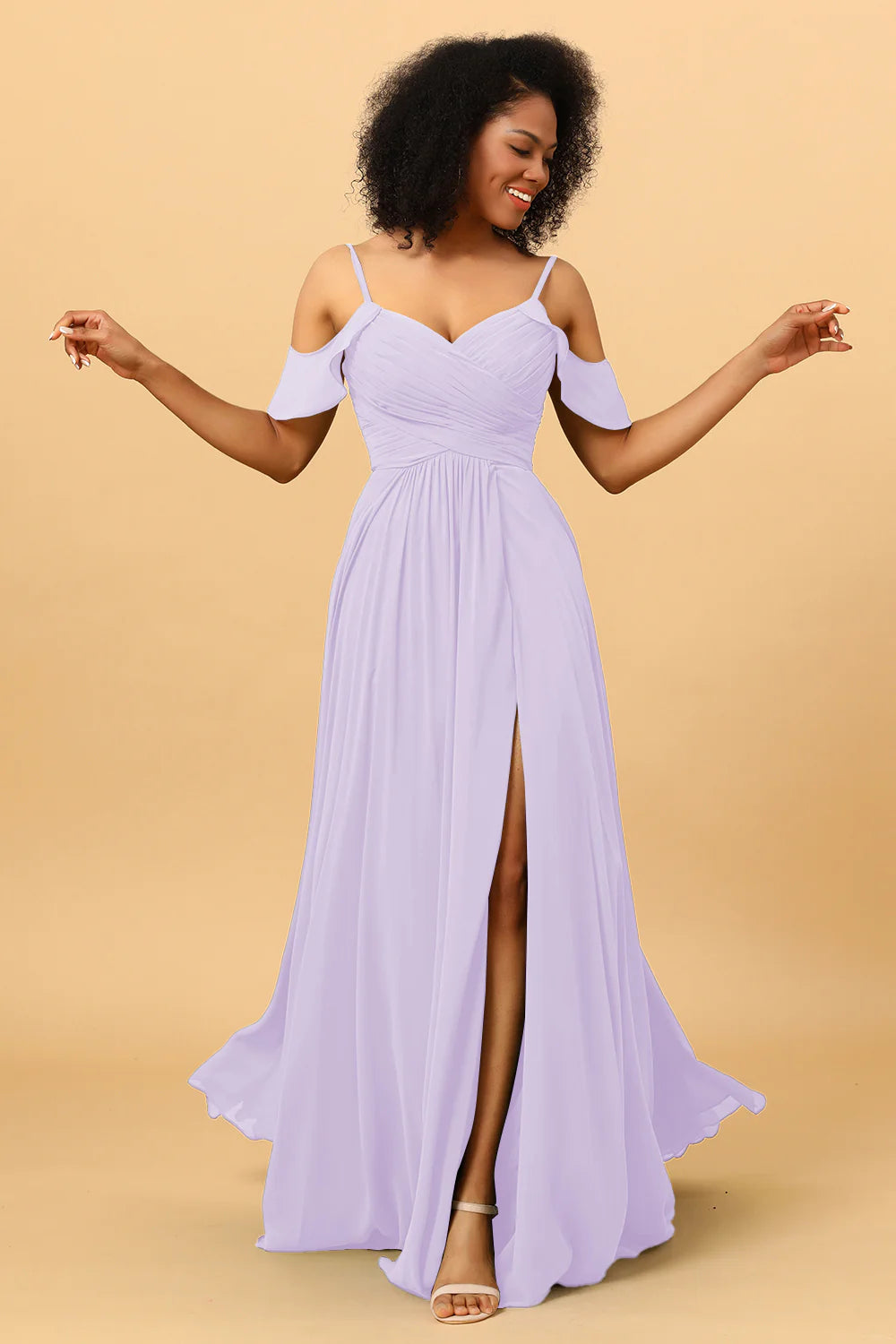 A Line Spaghetti Straps Long Chiffon Bridesmaid Dress With Slit