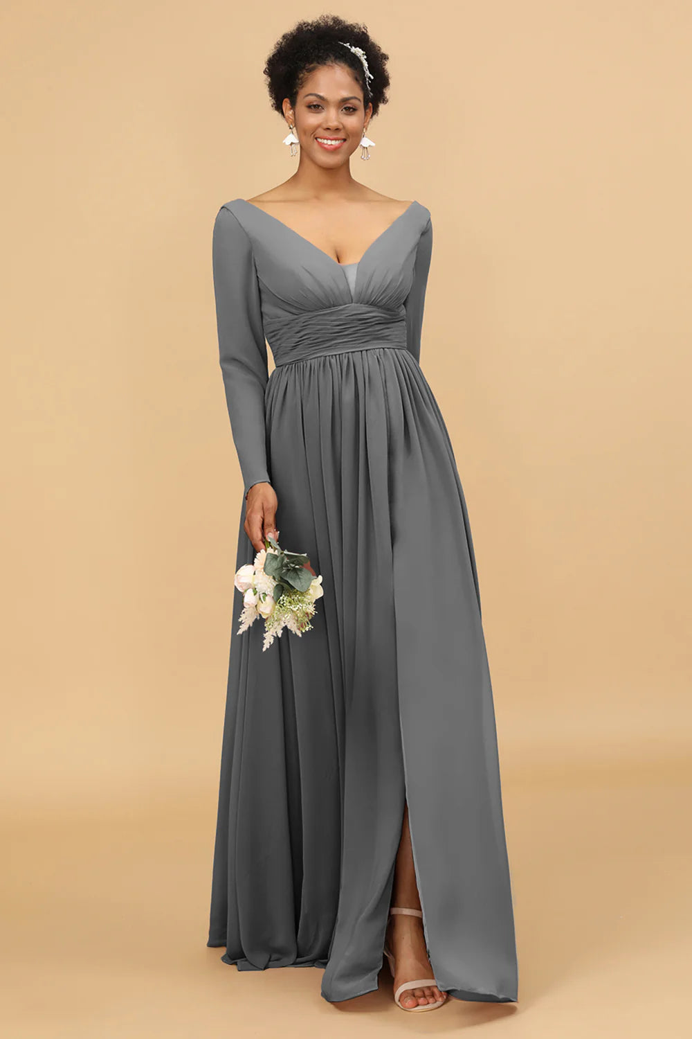 A Line V Neck Long Sleeves Chiffon Bridesmaid Dress with Slit