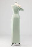 Sage Green Sheath One Shoulder Satin Ruched Long Bridesmaid Dress with Slit