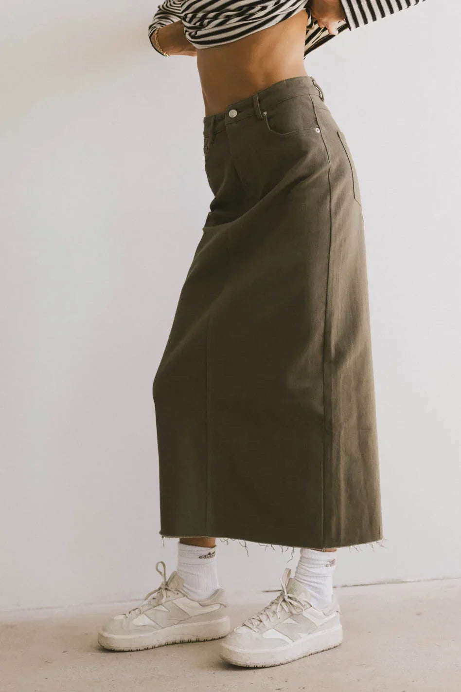 Rylie Denim Maxi Skirt in Olive FINAL SALE