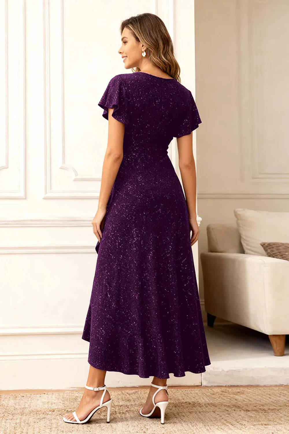 Glitter Black A Line Round Neck Ruffled Holiday Party Dress