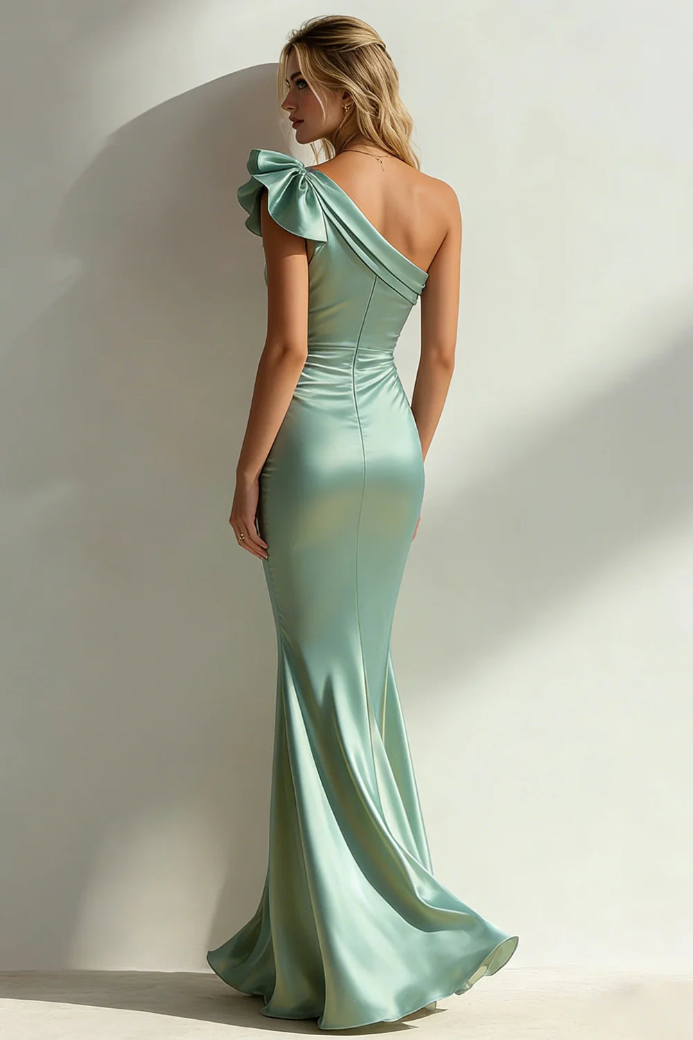 Sage Green Mermaid One Shoulder 3D Flower Cut Out Long Formal Dress
