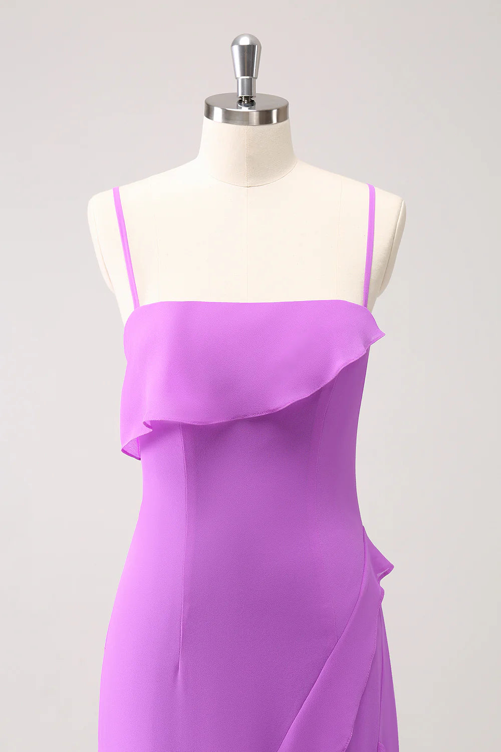 Tahiti Sheath Spaghetti Straps Ruffle Long Bridesmaid Dress with Slit