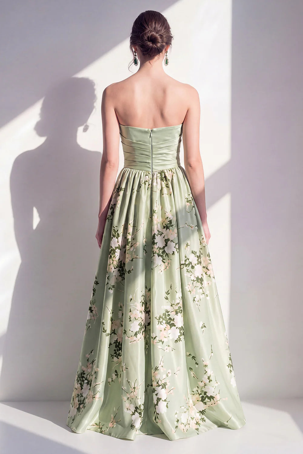Strapless Sage Green A Line Floral Bridesmaid Dress