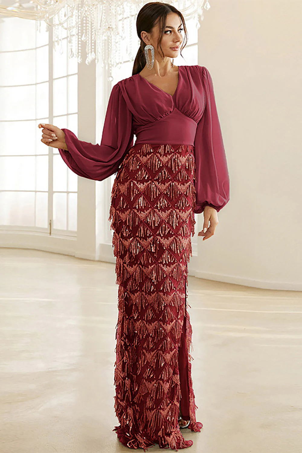 Blue Bodycon Fringed Floor Length Formal Dress with Long Sleeves
