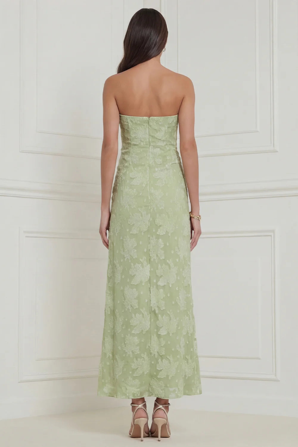 Sage Green Strapless Floral Sheath Midi Wedding Guest Dress