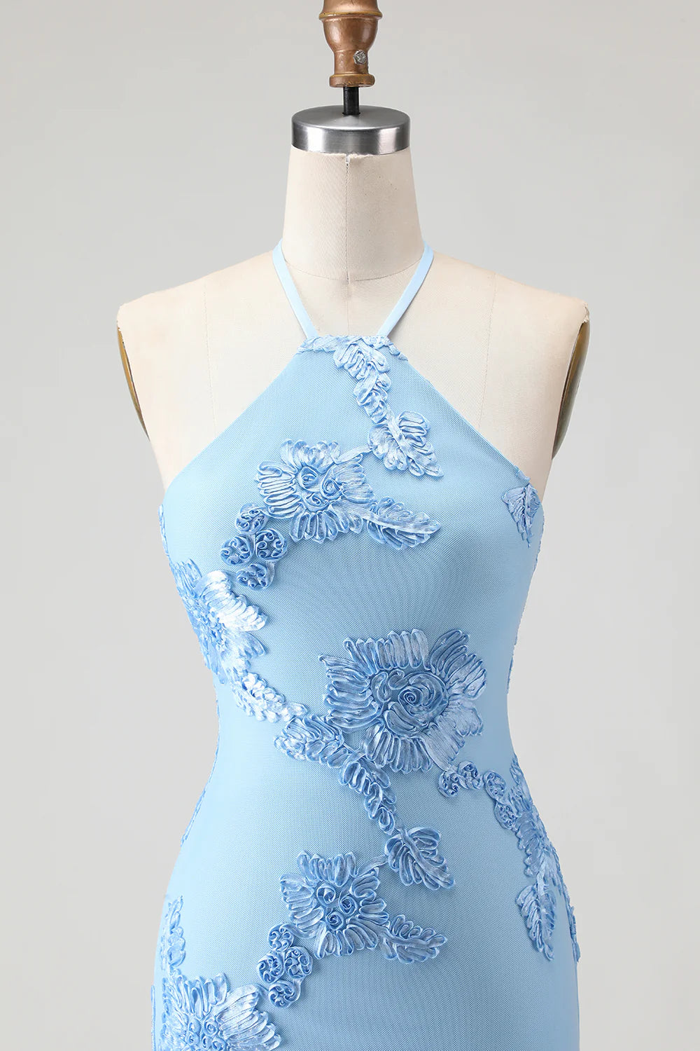 Light Blue Halter Mermaid Open Back Long Prom Dress with Appliques