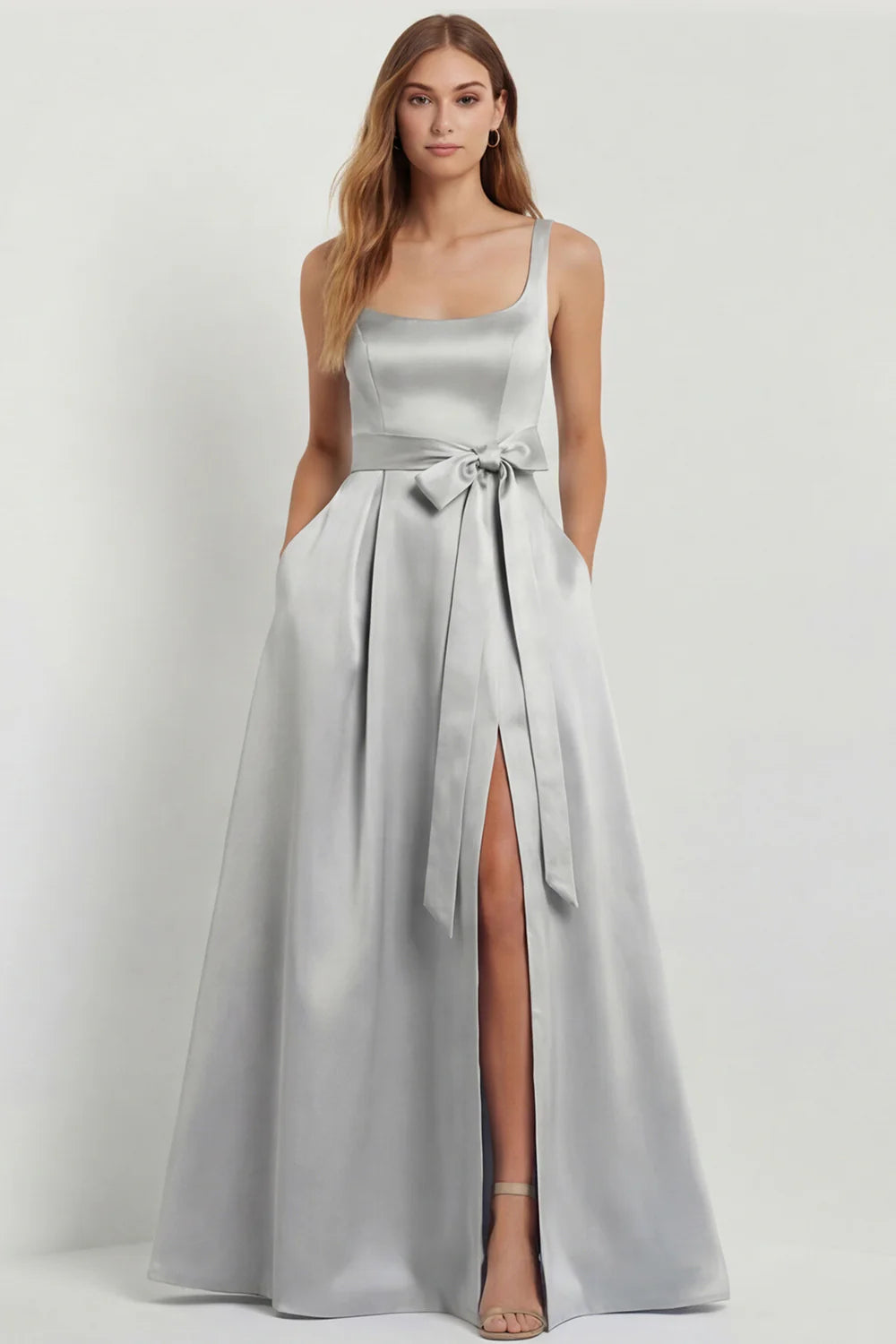 Light Blue A Line Square Neck Bow Satin Long Bridesmaid Dress with Slit