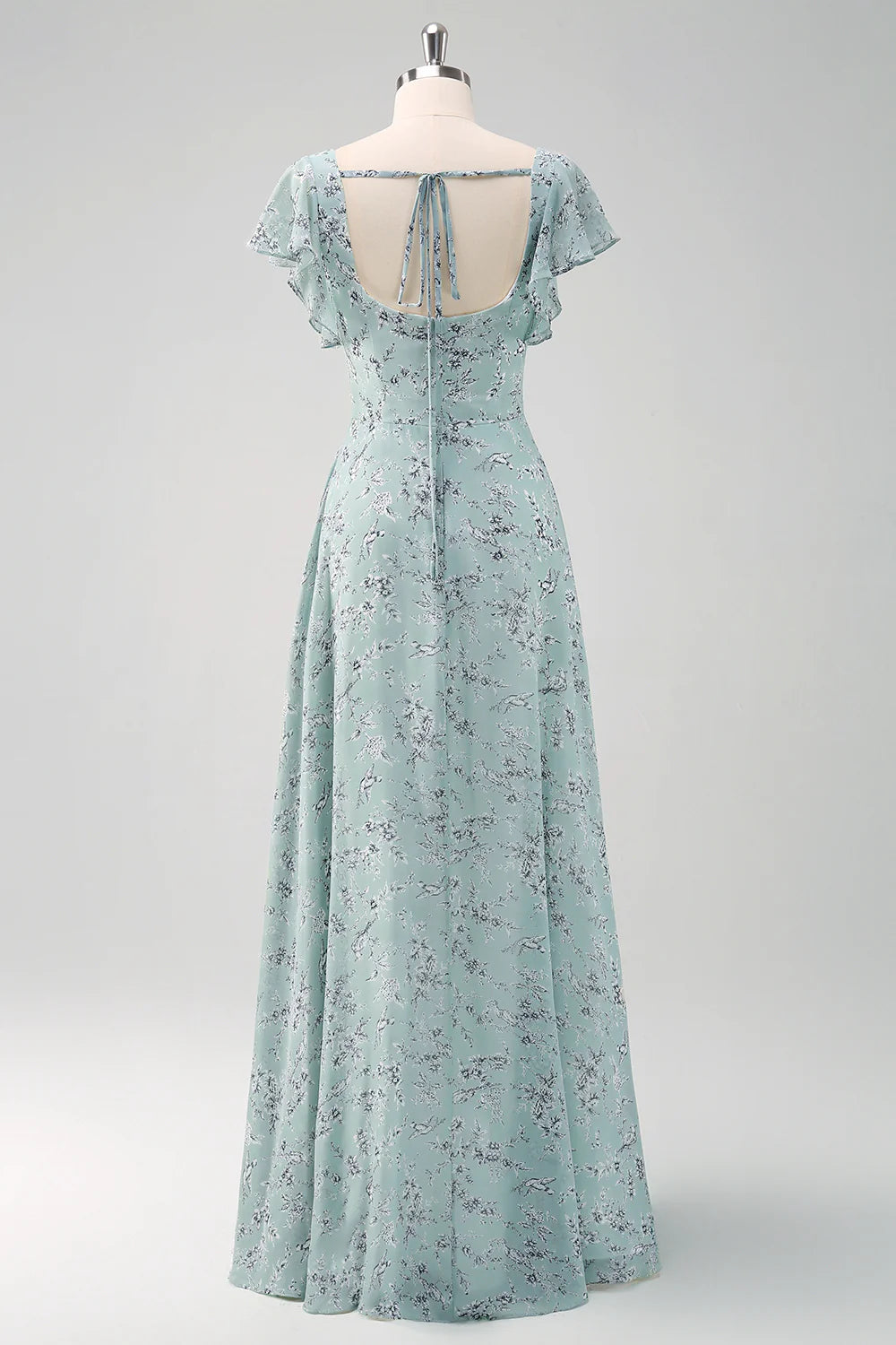 Dusty Sage A Line Square Neck Floor Length Print Bridesmaid Dress with Slit