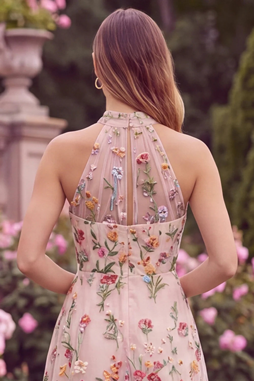 Halter A Line Pink Flower Embroidered High Low Wedding Guest Dress