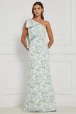 Blue White Flower Mermaid One Shoulder Print Long Bridesmaid Dress with Bow