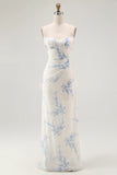 White Blue Flower Sheath Velvet Burnout Maxi Dress with Lace Up Back