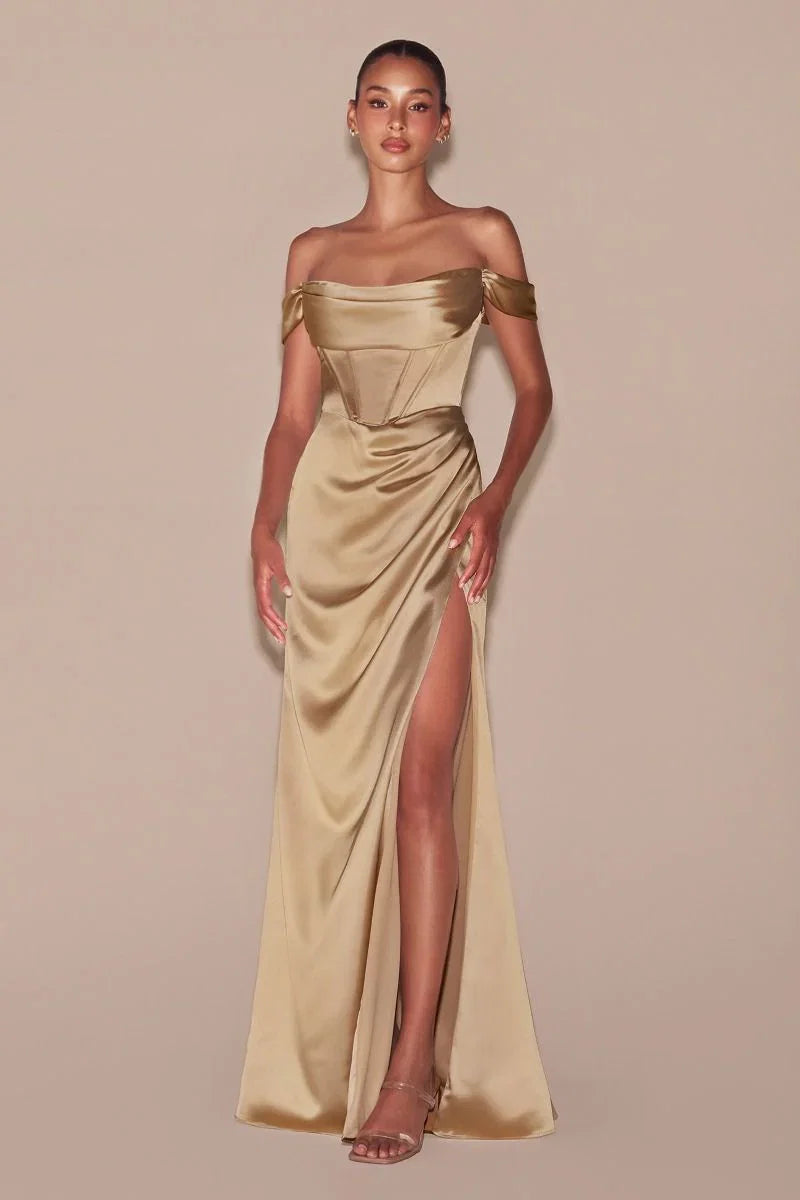 MABEL GOWN OFF THE SHOULDER LUXE SATIN CORSET DRESS