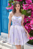 Cute Purple A Line Spaghetti Straps Ruched Homecoming Dress with Embroidery