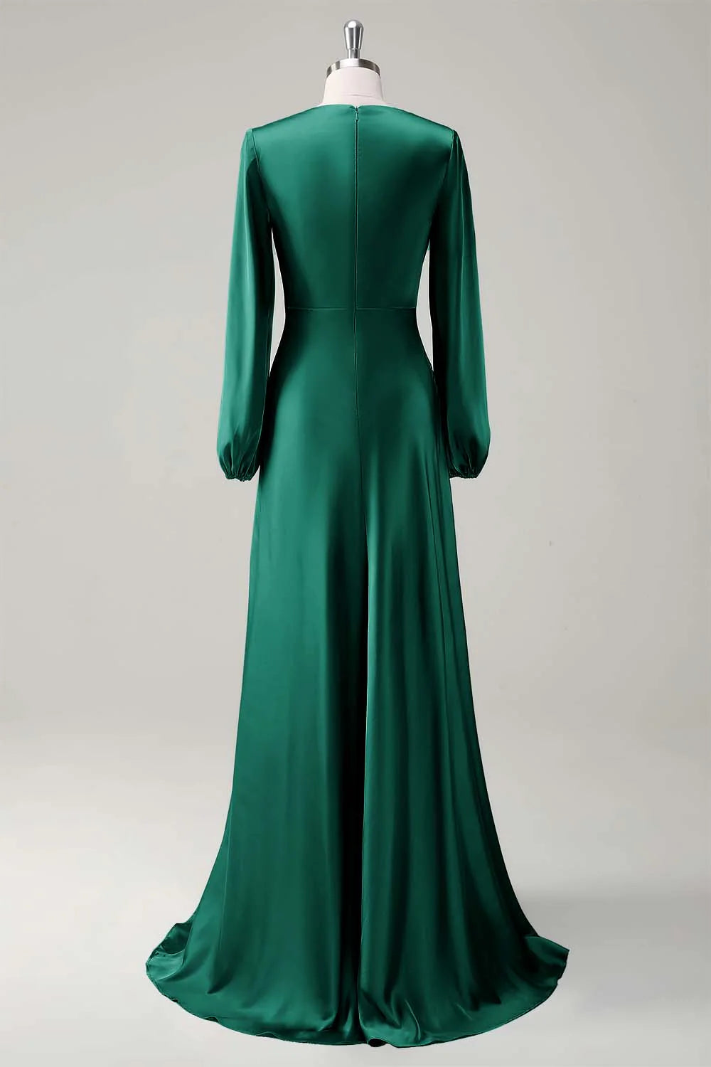 Agave A Line Round Neck Satin Long Bridesmaid Dress with Long Sleeves