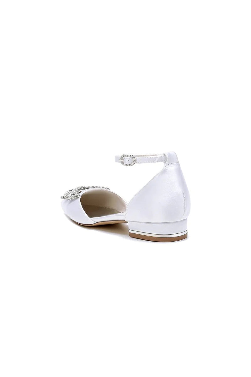 Ankle Strap Pointed Toe Low Heels with Rhinestone Flower