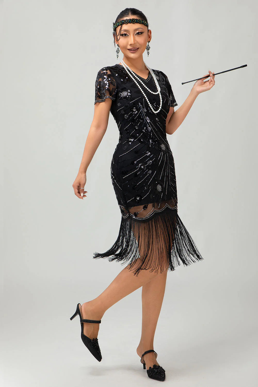 Black Red Fringed 1920s Sequin Flapper Dress