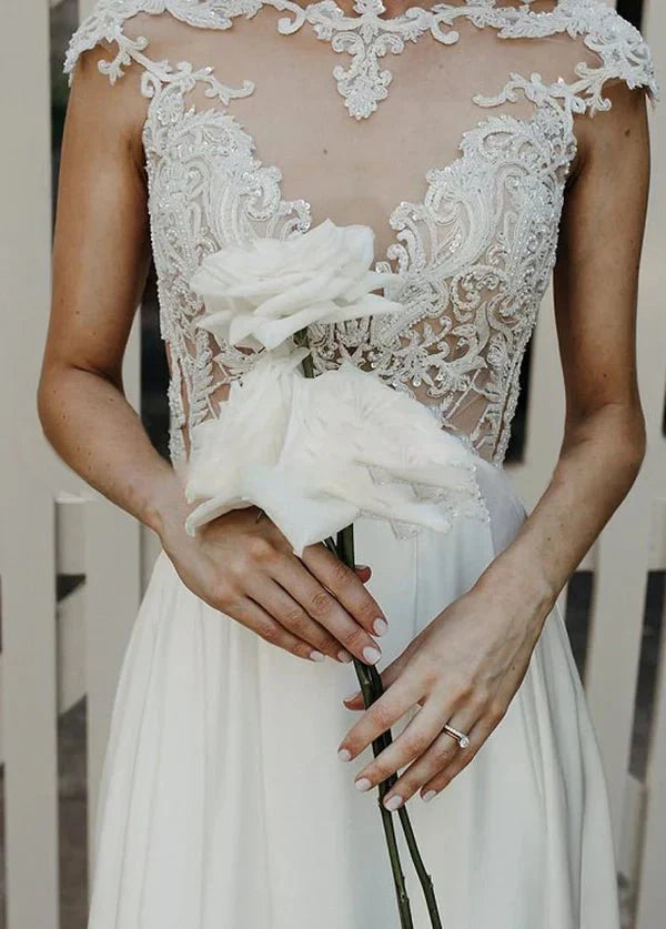 A Line Cap Sleeve Long Backless Wedding Dresses with Appliques