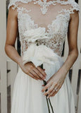 A Line Cap Sleeve Long Backless Wedding Dresses with Appliques