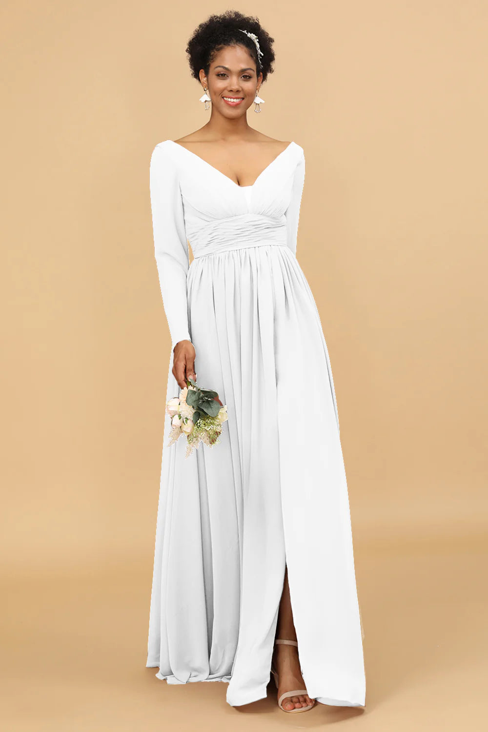 A Line V Neck Long Sleeves Chiffon Bridesmaid Dress with Slit