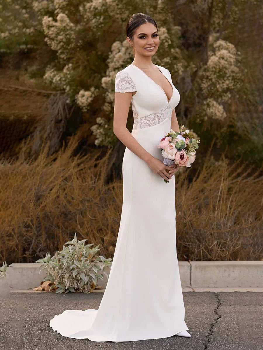 Modest Simple Sheath Short Sleeve Empire Floor Length Sweep Train Chiffon V neck Wedding Dress
