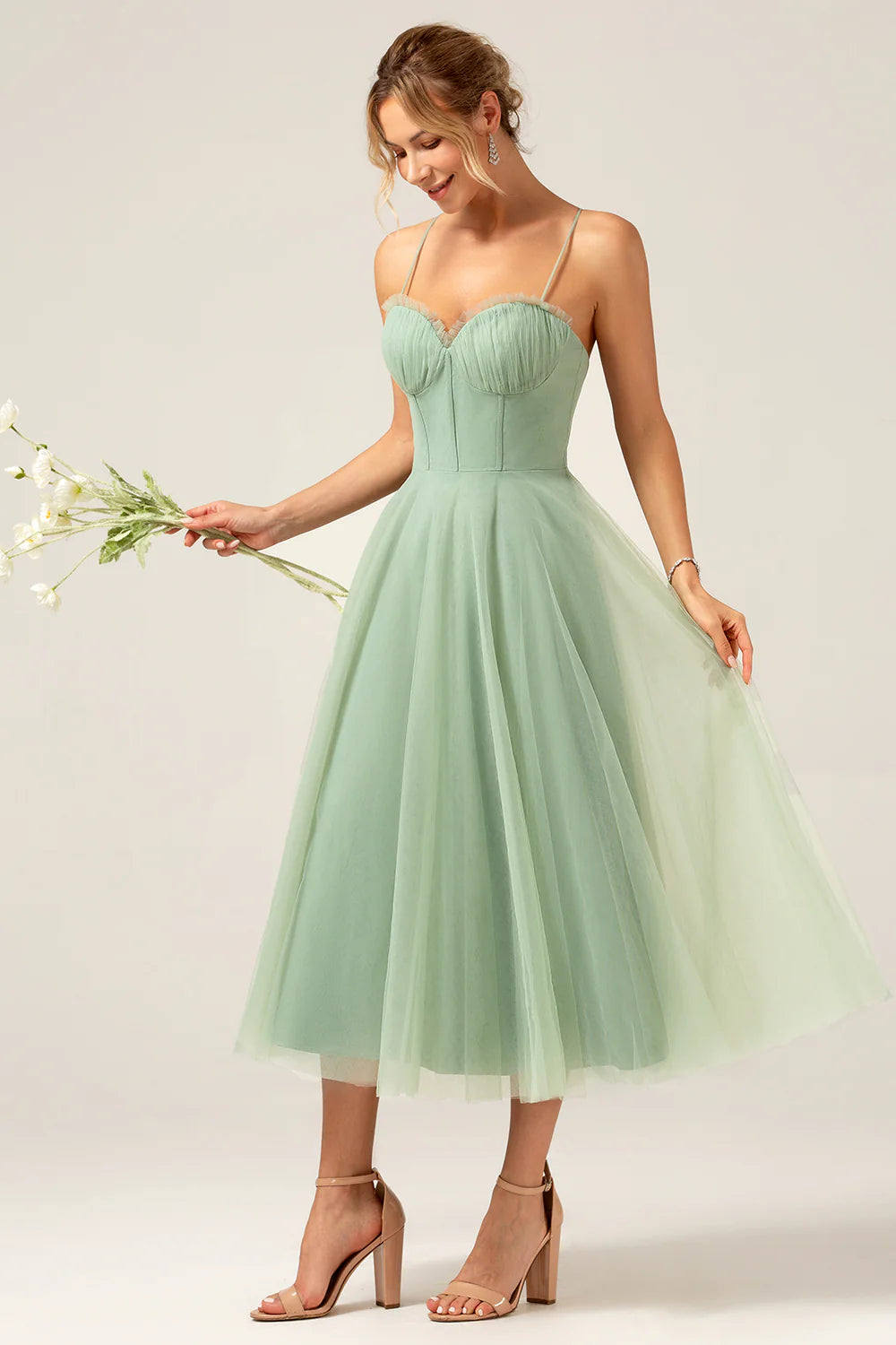 A Line Spaghetti Straps Tea Length Corset Tulle Matcha Bridesmaid Dress