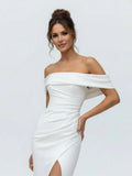 Mermaid Satin Off the Shoulder Sheath Wedding Dress with Zipper and Slit