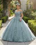 Acacia Lace Dusty Blue Off the Shoulder Ball Gown Quinceanera Dresses