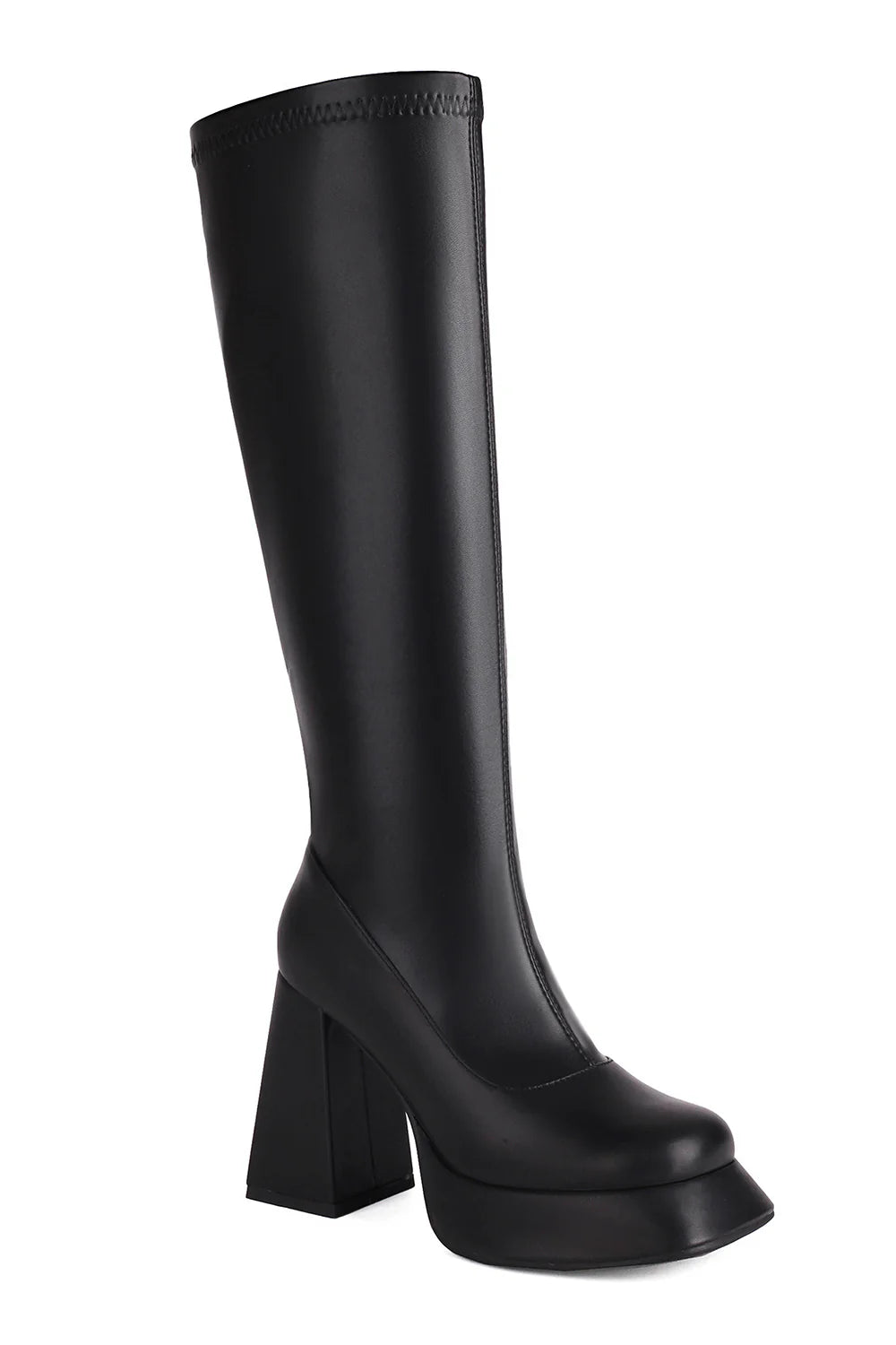 Sleek Black High Heel Knee High Boots with Chunky Block Heel and Side Zipper