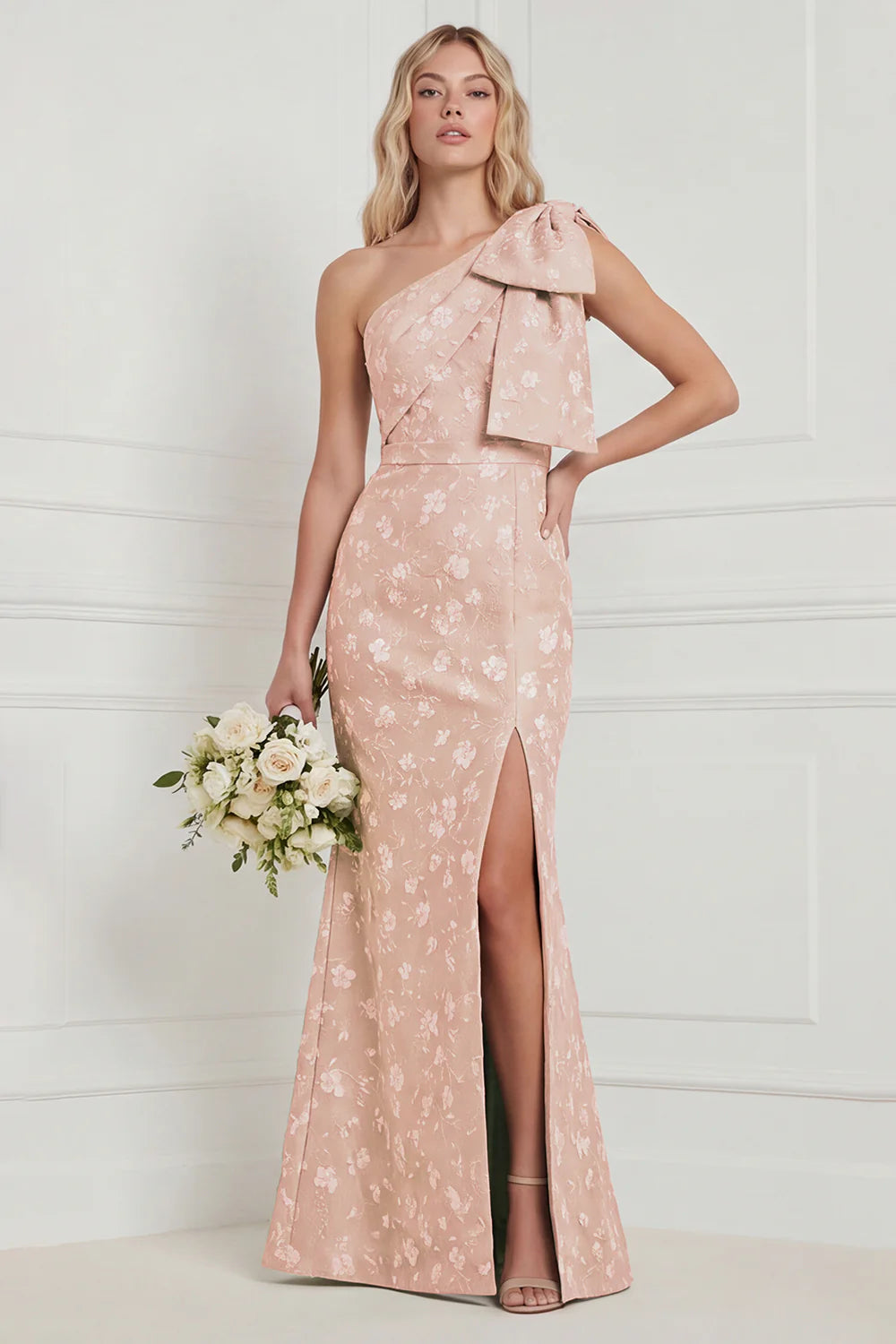 One Shoulder Sage Floral Jacquard Mermaid Bridesamid Dress with Slit