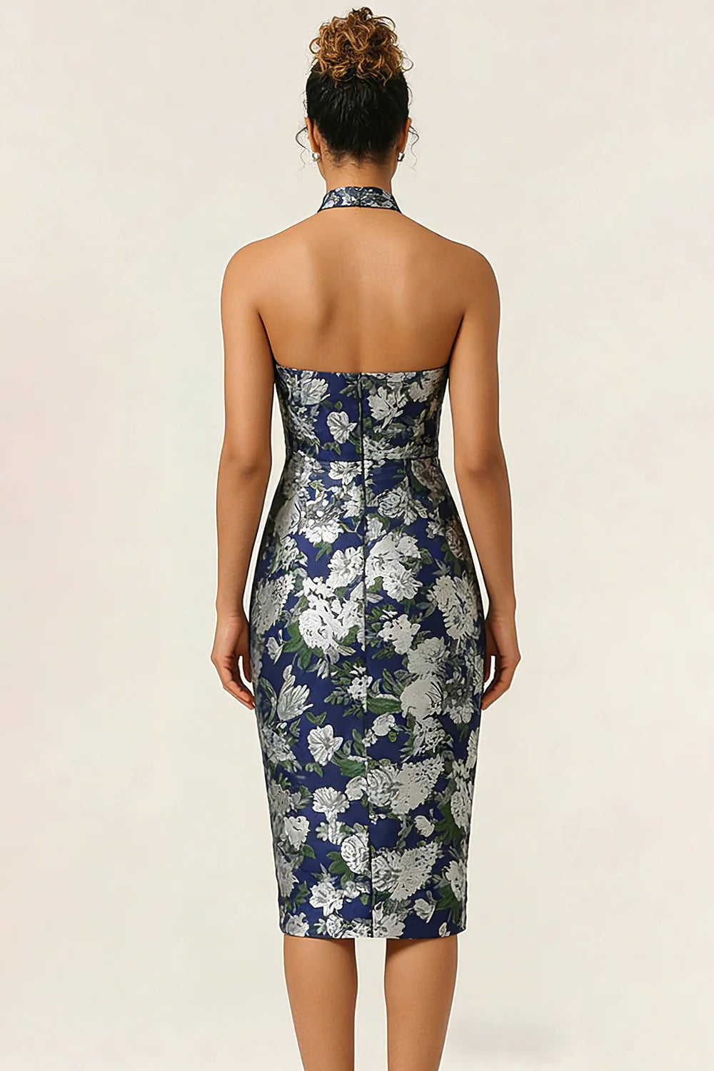 Halter Sheath Navy Flower Midi Wedding Guest Dress