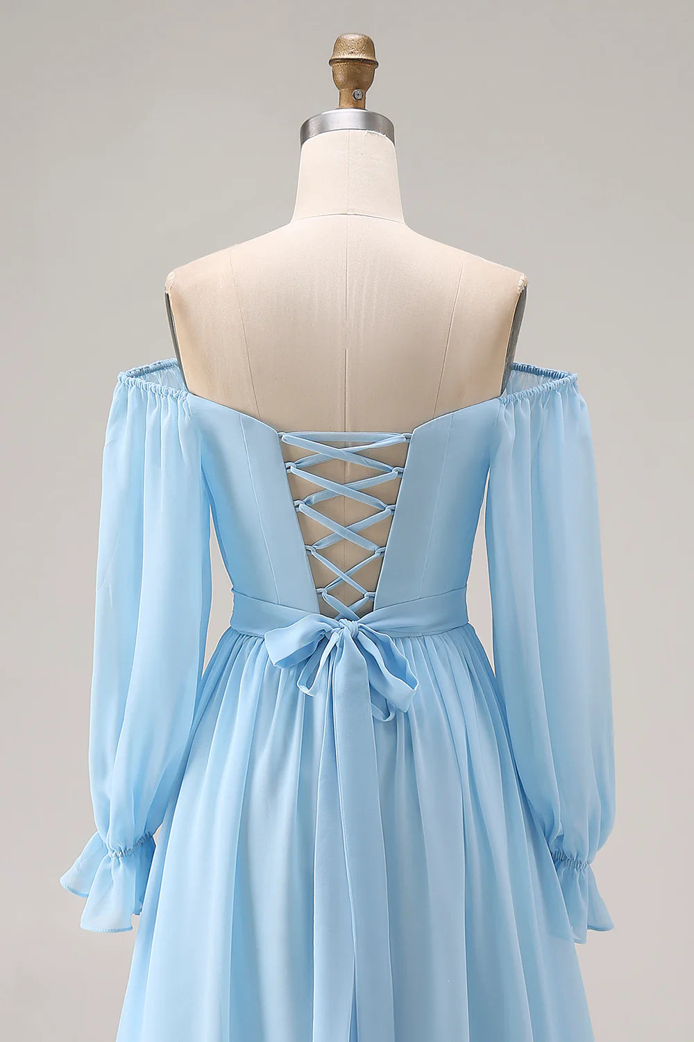 Off the Shoulder Sky Blue A Line Long Sleeve Bridesmaid Dress with Slit