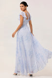 Blue Flower A Line Square Neck Chiffon Flutter Sleeves Long Bridesmaid Dress with Slit