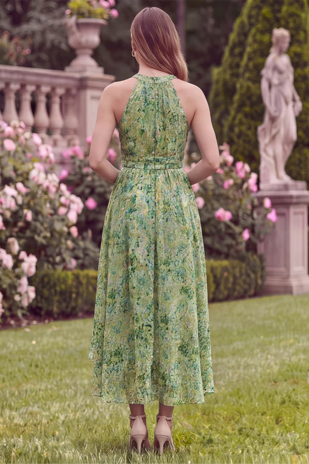 Halter A Line High Low Sage Flower Wedding Guest Dress