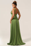 Olive A Line Deep V neck Spandex Floor Length Bridesmaid Dress with Slit