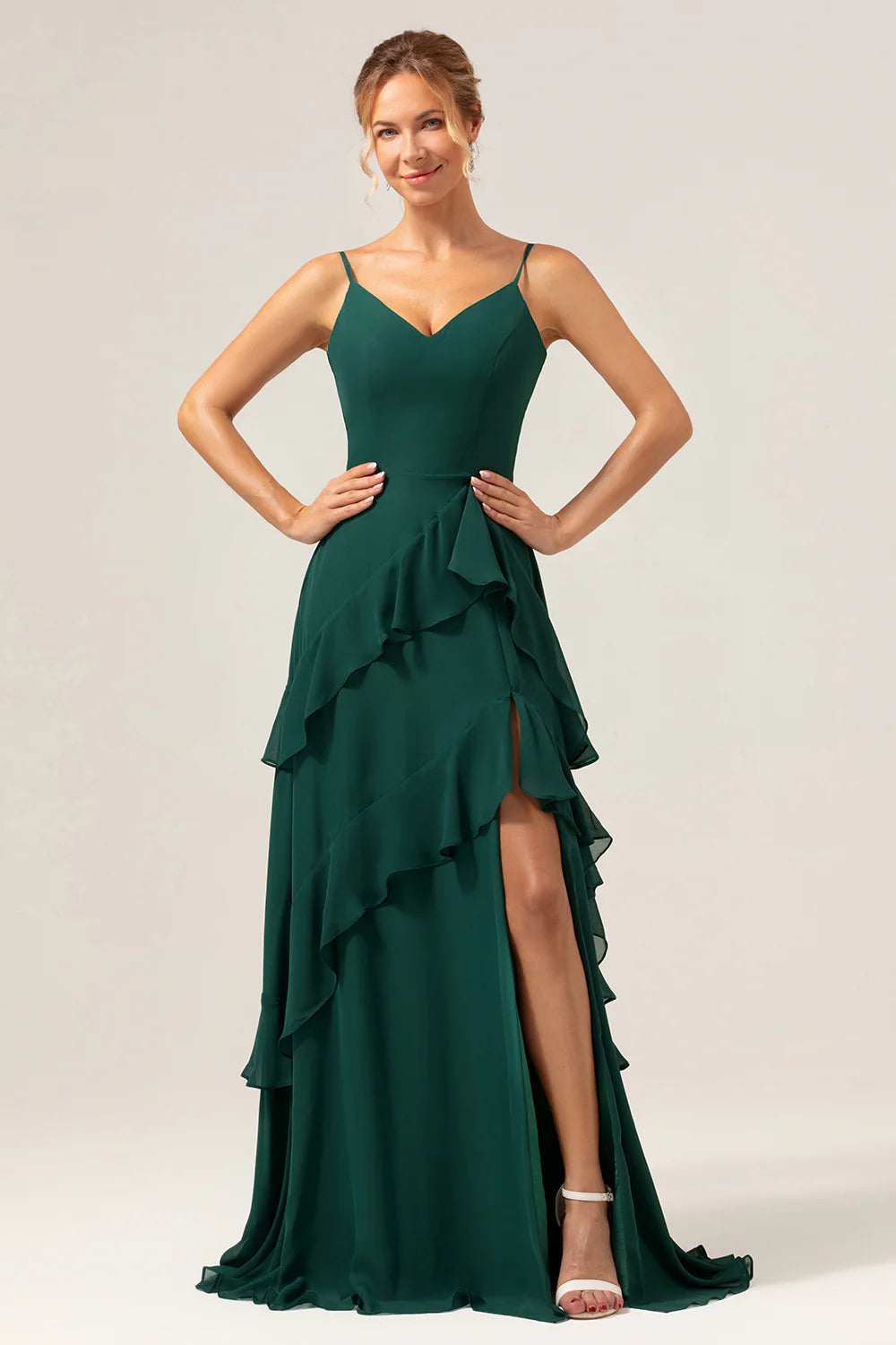 Dark Green A Line V Neck Ruffled Chiffon Tiered Long Bridesmaid Dress with Slit