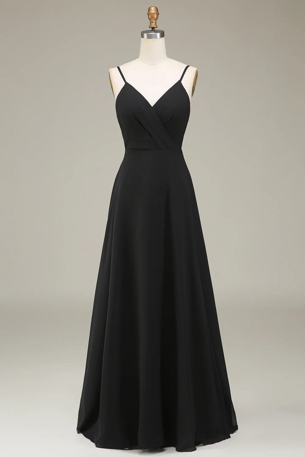 Black A Line Spaghetti Straps Chiffon Long Bridesmaid Dress