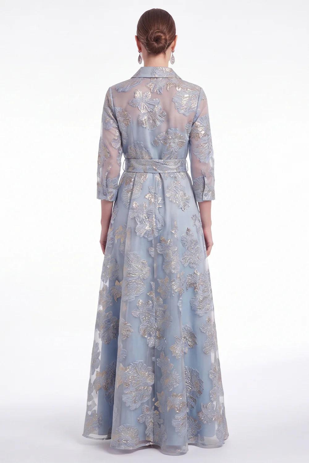 Gold Floral Jacquard A Line Collar Mother of the Bride Dress with 3 4 Sleeves