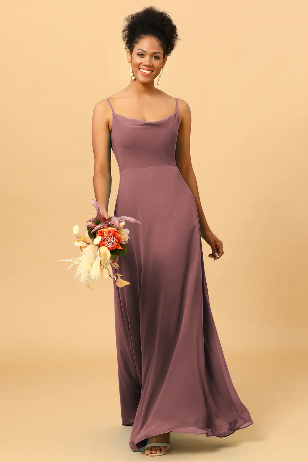 A Line Spaghetti Straps Floor Length Chiffon Bridesmaid Dress