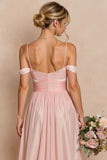 Cold Shoulder A Line Blush Pink Pleated Long Bridesmaid Dress