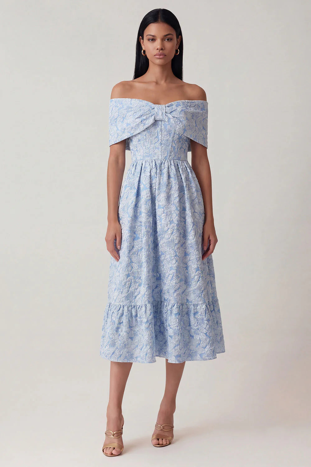 Off the Shoulder Blue Jacquard A Line Midi Wedding Guest Dress