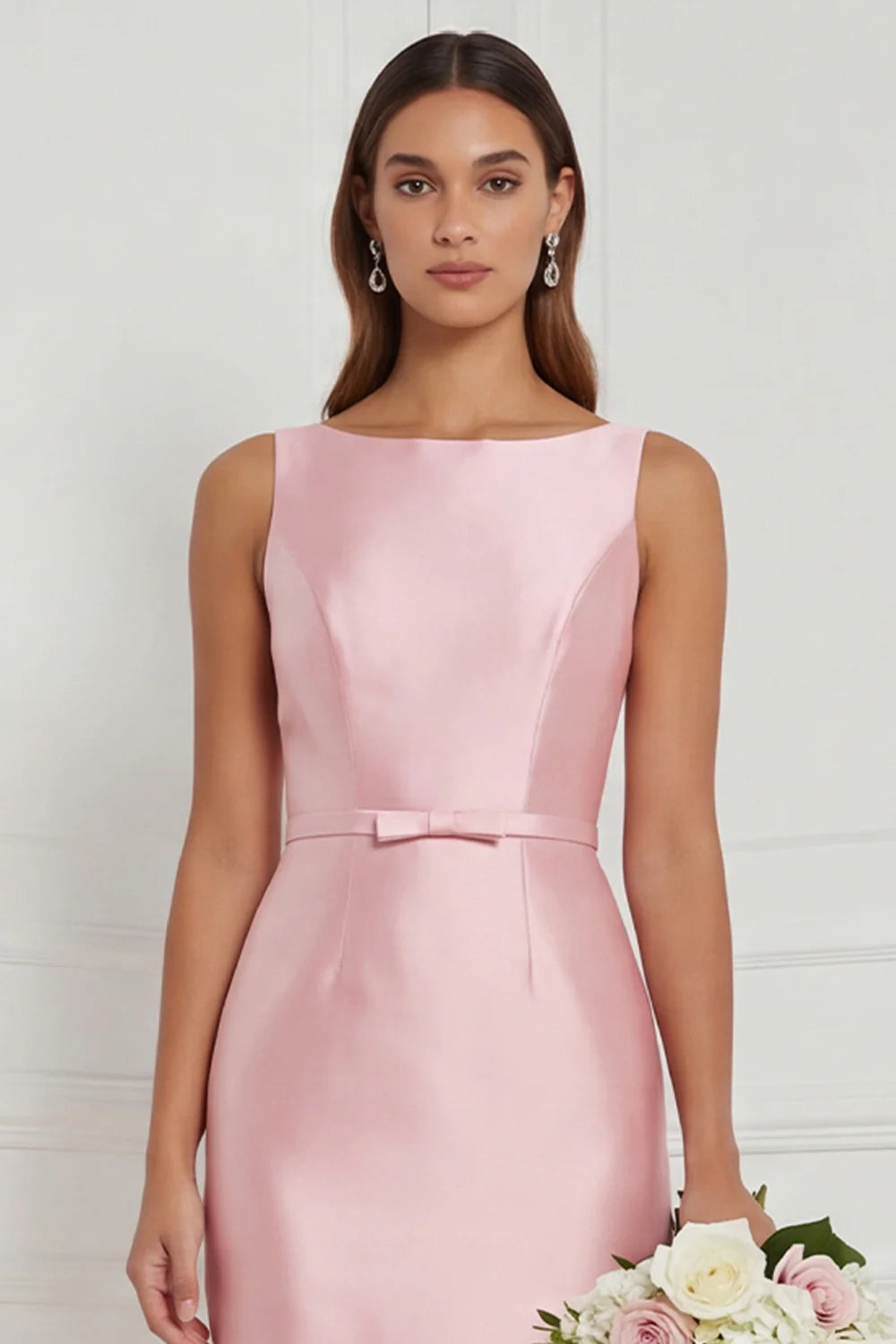 Sage Green Sheath Bateau Neck Satin Bridesmaid Dress