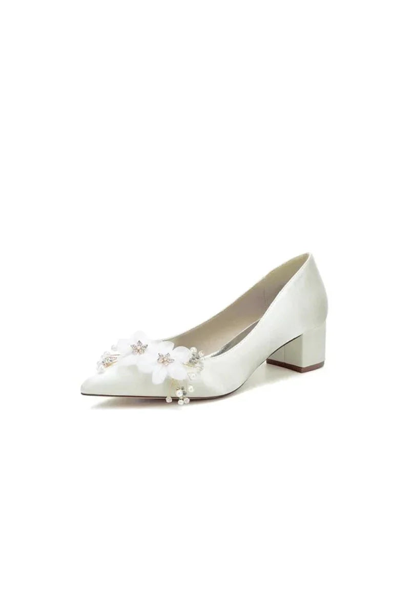 Pointed Toe Satin Slip on Chunky Wedding Shoes With Flower
