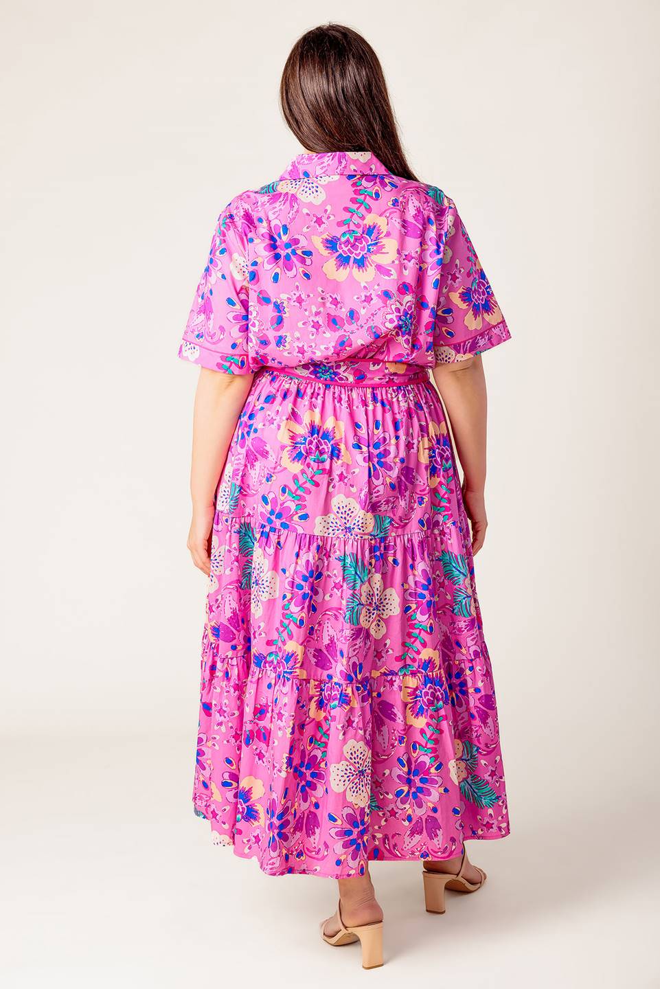 PETAL PRESS PINK PURPLE FLORAL MIDI DRESS