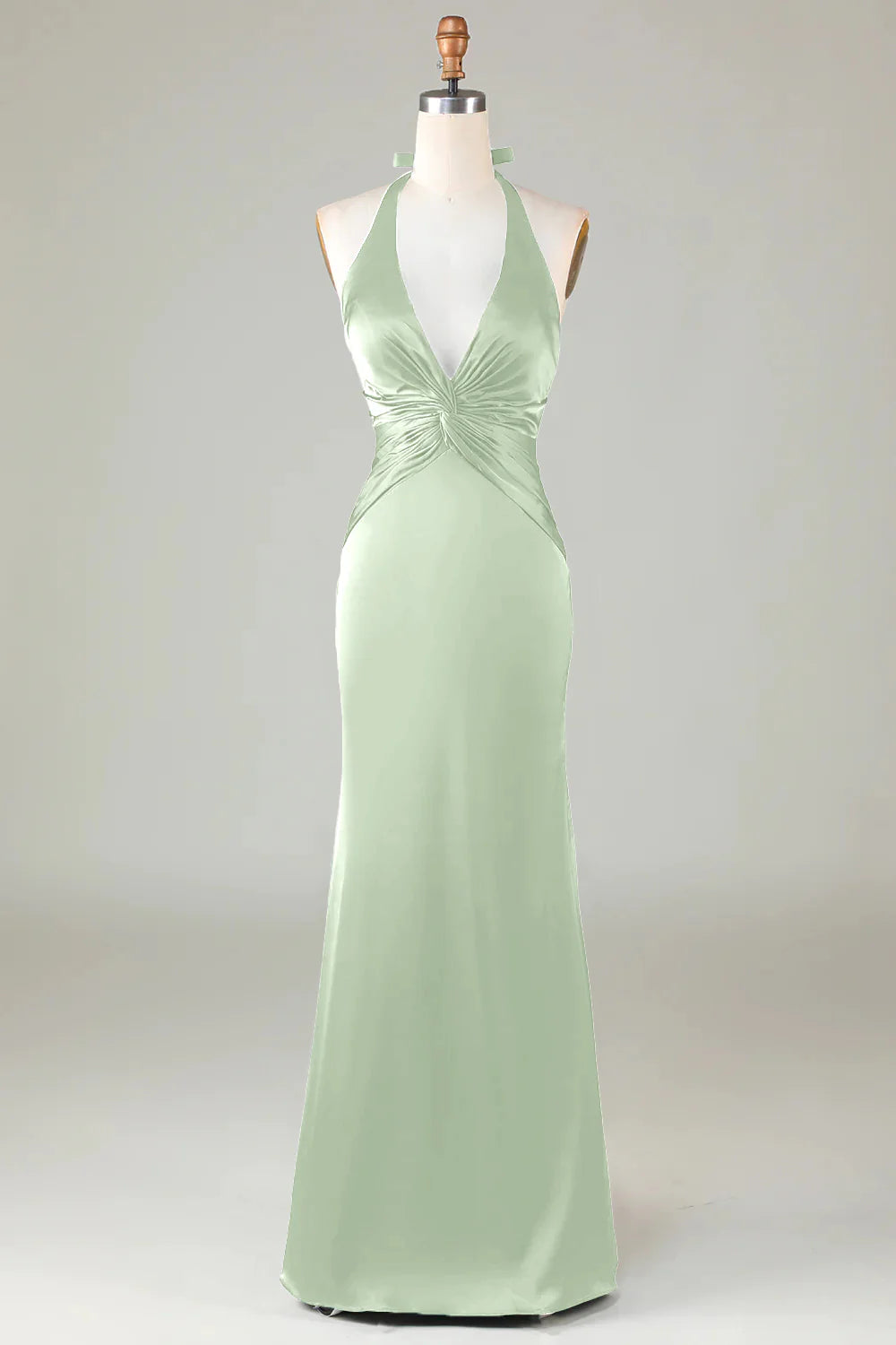 Blushing Pink Mermaid Halter V Neck Open Back Satin Ruched Long Bridesmaid Dress