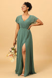 Eucalyptus A Line V Neck Ruched Long Chiffon Bridesmaid Dress with Slit