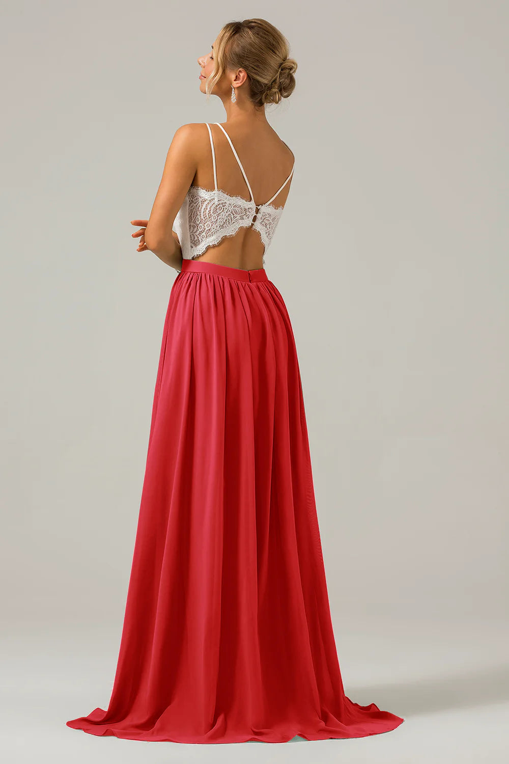 A Line Spaghetti Straps Pleated Long Bridesmaid Dress With Lace